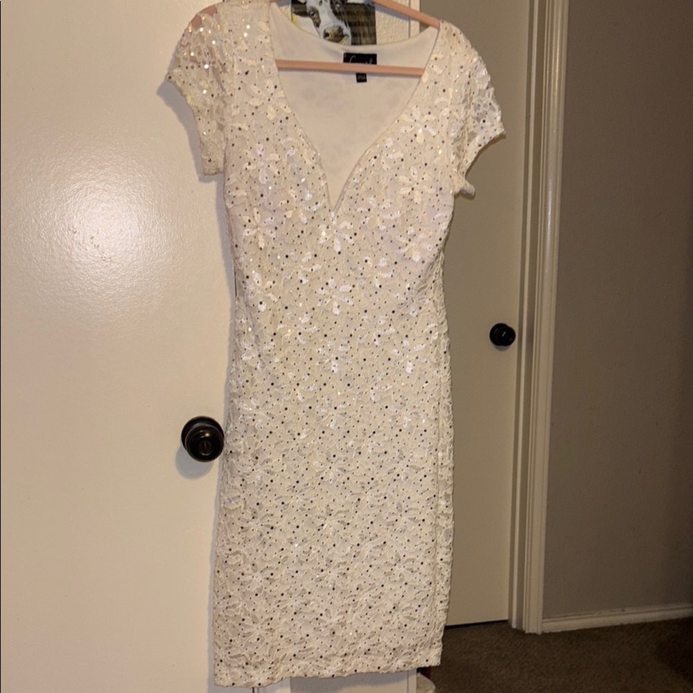 Connected Apparel White Sequin Tiered Mini Dress
